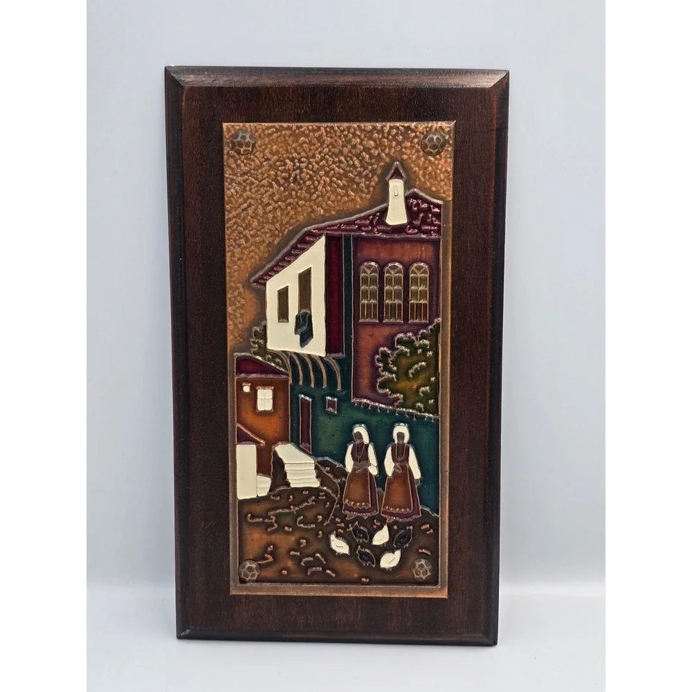 Vintage Copper Wall Art Embossed House Scene with Women and Chickens,‎  GreekArt